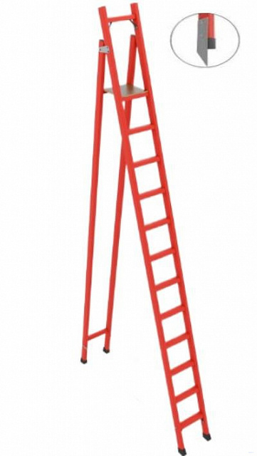 ССС-3,8ТМ диэлектрическая стремянка с симметричной опорой, Телеком, металлические оконцеватели (Мягкий грунт), h=3800мм, h рабочей площадки=2900мм, ступ.12