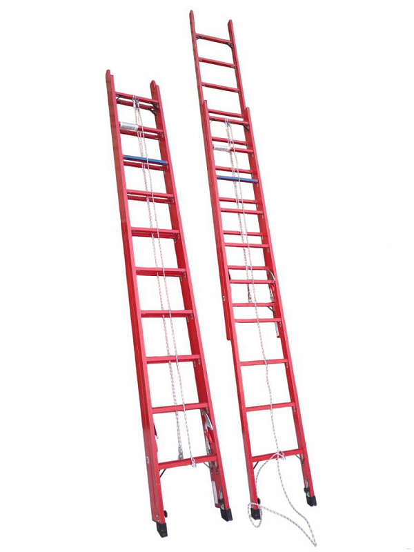 ЛСПР-9,0АКМ-70 лестница стеклопластиковая приставная раздвижная, траверса, колеса, крюки, металлические оконцеватели, с абразивным покрытием ступеней h=9000мм